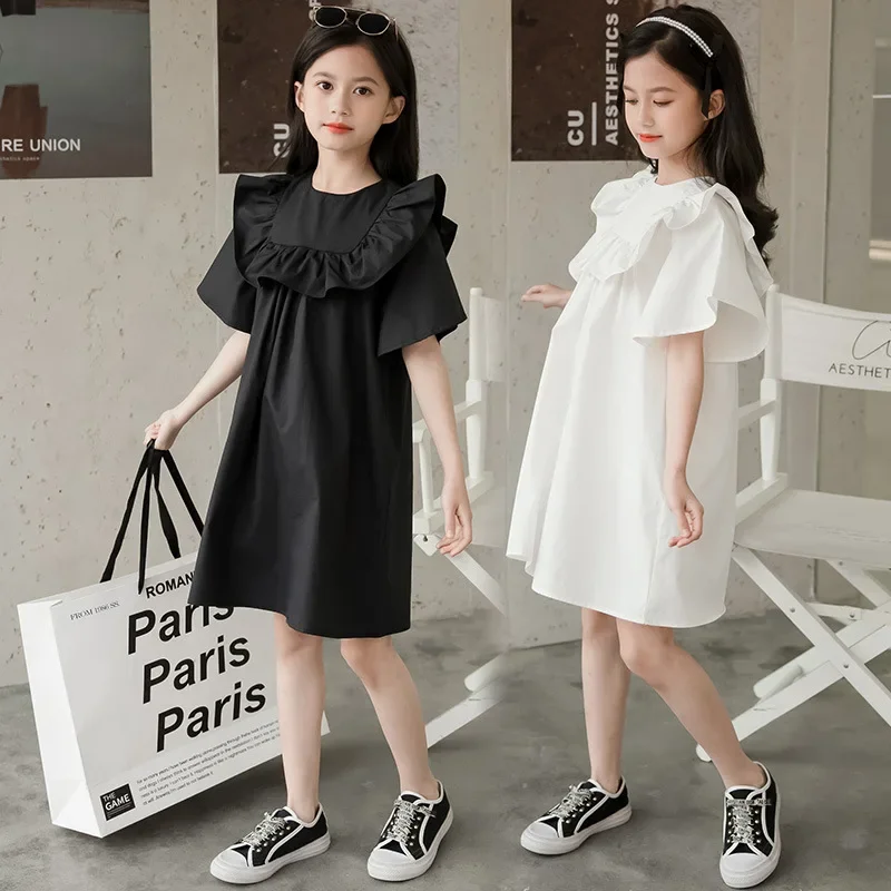 

Girls' Summer Dress French Sweet Black Dress Children's Ruffled PrincessMiddle and Big Children Loose Babydoll Dress