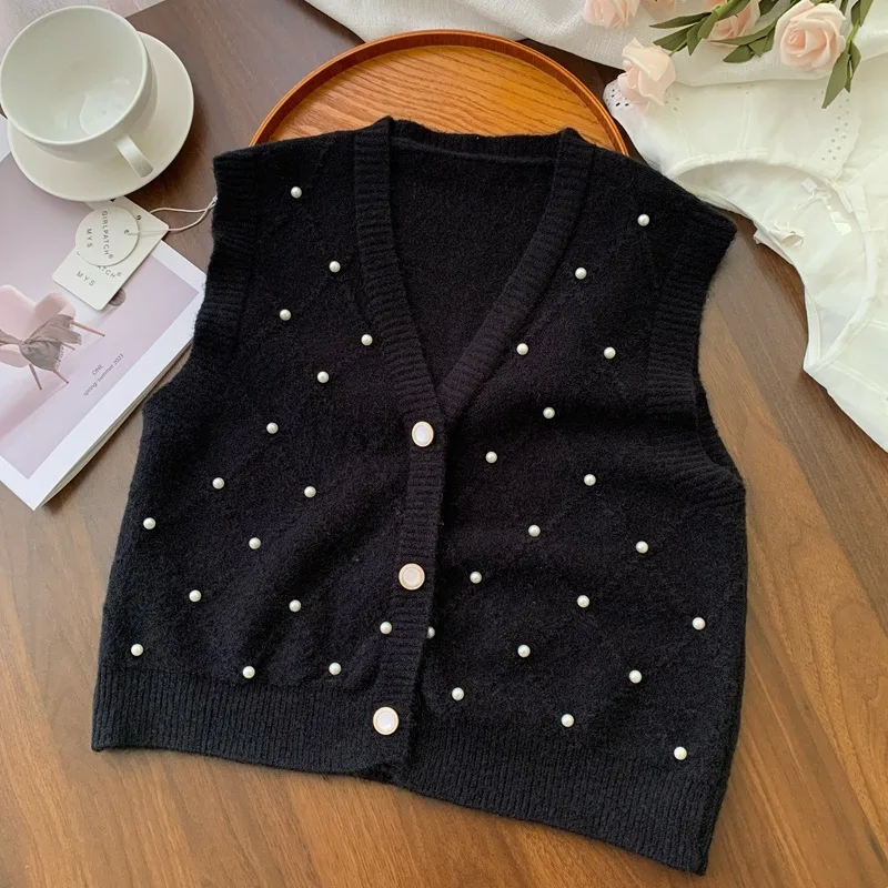 OCEANLOVE Short Cardigans Solid Beading Autumn Winter V Neck Sweet Women Sweaters Korean Fashion All Match Casual Slim Vests