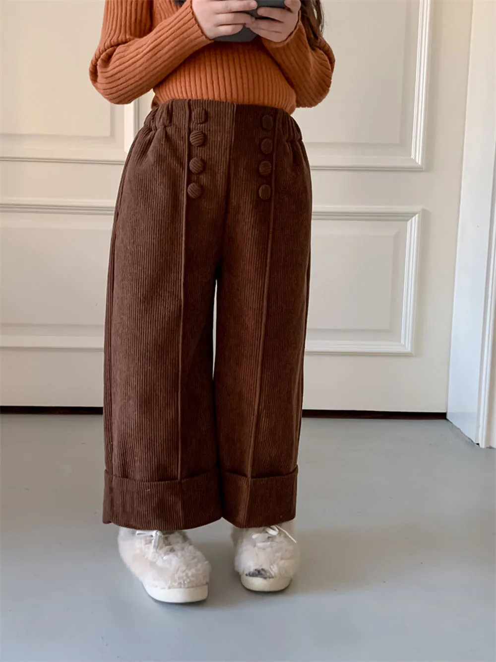 

Girl's Solid Color Pants Autumn Winter Plush Corduroy Material Thickened Double Breasted High Waist Pants Casual Wide Leg Pants