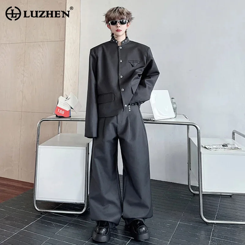 

LUZHEN 2025 Autumn New Handsome Elegant Two-piece Sets Men's Solid Color Baggy Straight Casual Pants Stand Neck Male Coat JY4185