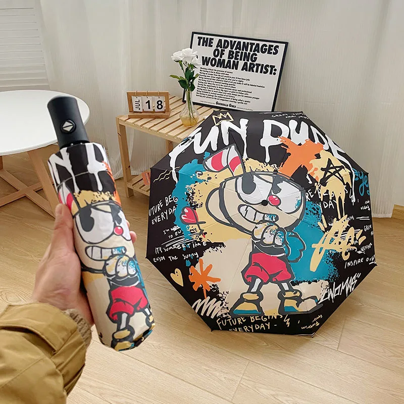 Personality Rain Umbrella Trendy Cool Men Windproof Folding Black Funny Cartoon Doodle Umbrellas Automatic Parasol Women 8 Bones