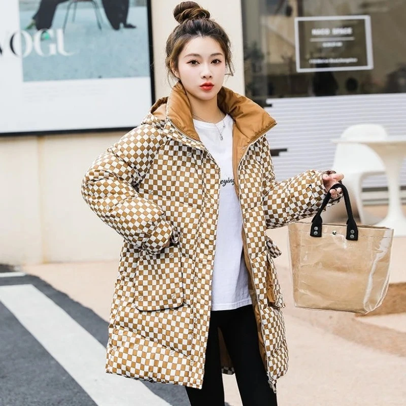 올웨더 체커보드 코트 여성용 2025 보온 후드 코튼 재킷 슬림핏 미디엄 길이 디자인