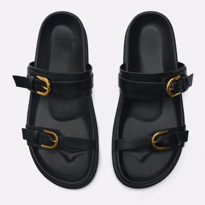 Black Flat Slingback Shoes Female Summer Straps Round Toe Shoes 2024 Sandals Metal Buckle Flat Sandals