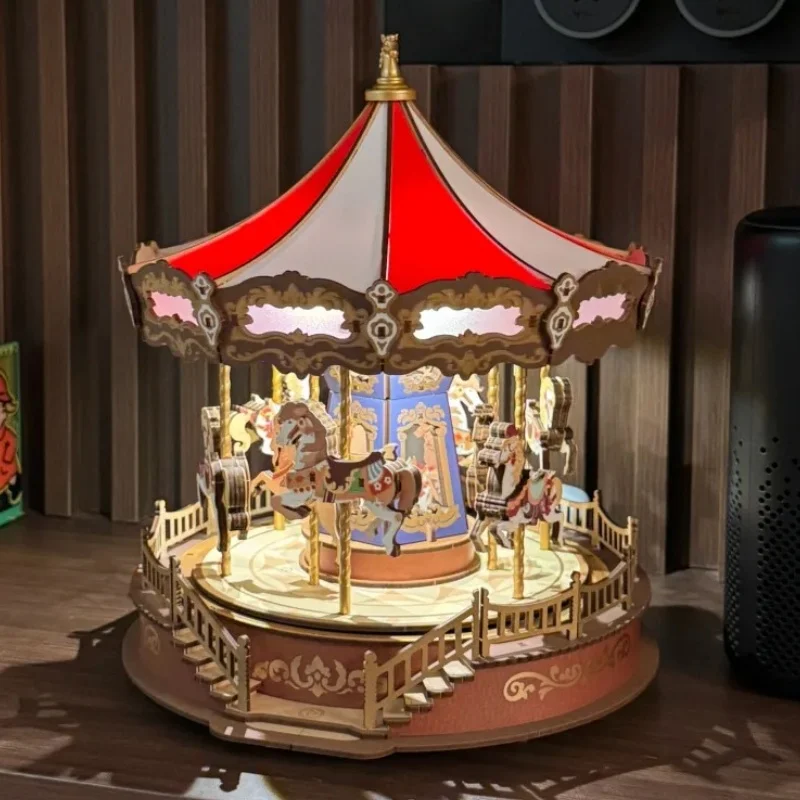 Robotime Carousel صندوق تشغيل الموسيقى ثلاثية الأبعاد لغز خشبي مع أضواء LED والعتاد نموذج بناء البناء الحرفية مجموعات هدايا عيد الميلاد عيد الميلاد #4