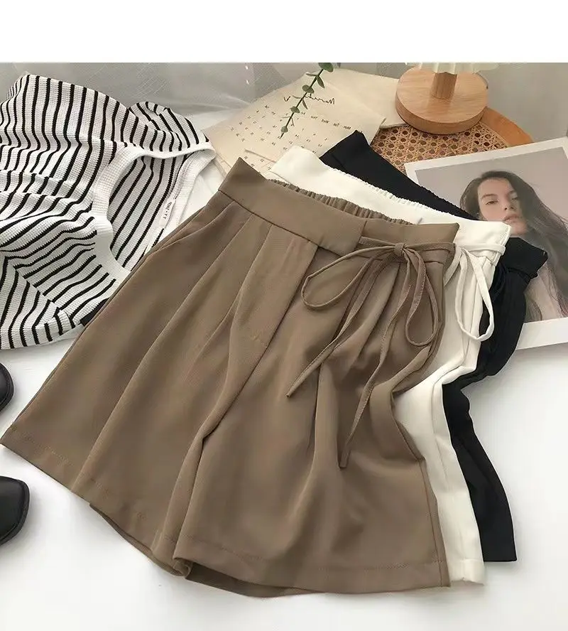 Women's Summer Thin High-Waisted Slimming Loose-Fit Casual Pants White Tie-Up Shorts Nine-Point-Five Length Fashion