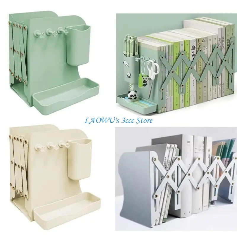 

Y8AD Adjustable Desk Storage Bookend with Pen Holder, Expandable Metal Bookend, Multifunctional Book End Magazine Holder
