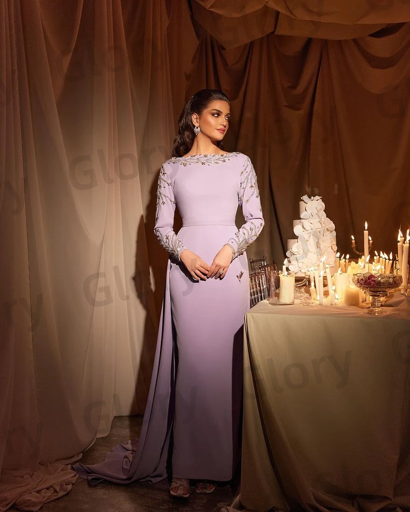 Lilac Evening Dresses Beads Crystal Backless Long Sleeves Prom Dresses Removable Train Mermaid Gorgeous Saudi Arabia Party Gown