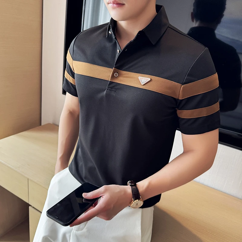 Ice Silk High Elastic Waffle Striped Color Block Polo Shirt for Men\'s Short Sleeved Lapel T-shirt Casual Business POLO Tee Tops