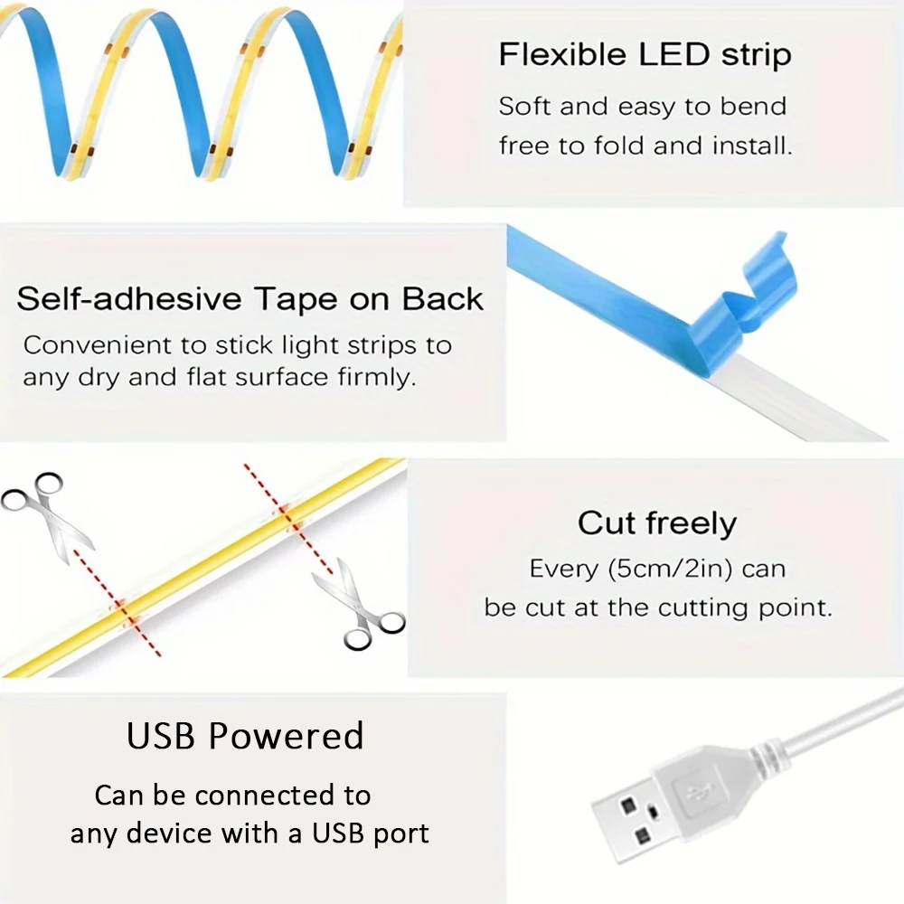 COB Led Strip Lights USB 5V Led Lights with 3 Key Dimmer Switch for Home Cabinet Dressing Table TV Mirror Backlight