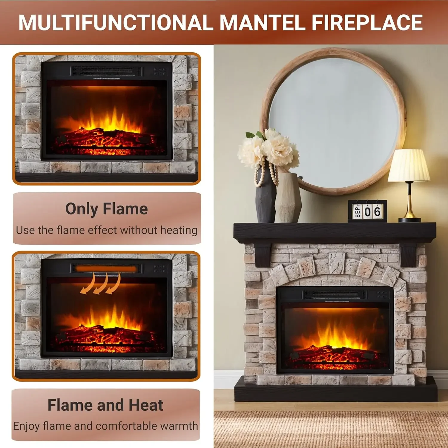 Fireplace with Mantel, 40”W Faux-Stone Fireplace Mantel, Tall Fire Place Heater Freestanding with Brightness