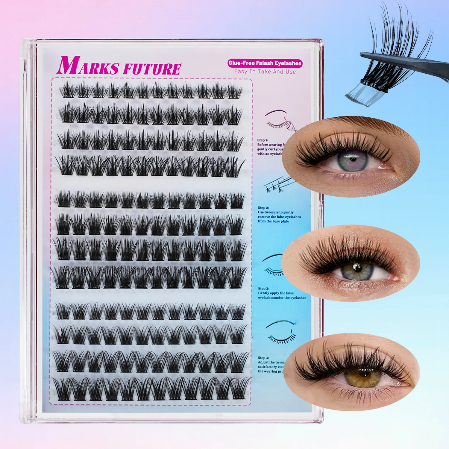 144 faux cils auto-adhésifs en forme de C avec pince à épiler - Style œil de chat naturel, épais et volumineux, longueur mixte 10-16 mm, faux cils réutilisables, faciles à utiliser pour les débutants
