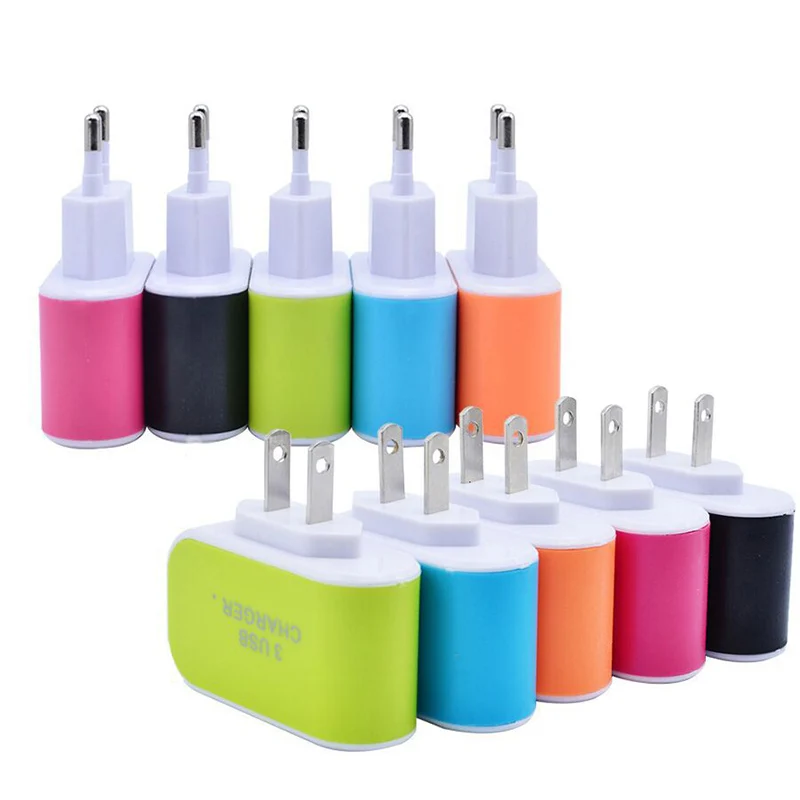 Universal 3 USB Multi-Port Wall Home Charger EU/US Plug Wall Adapter Cube Block AC 110-220V Candy Color Travel Charger Adapter