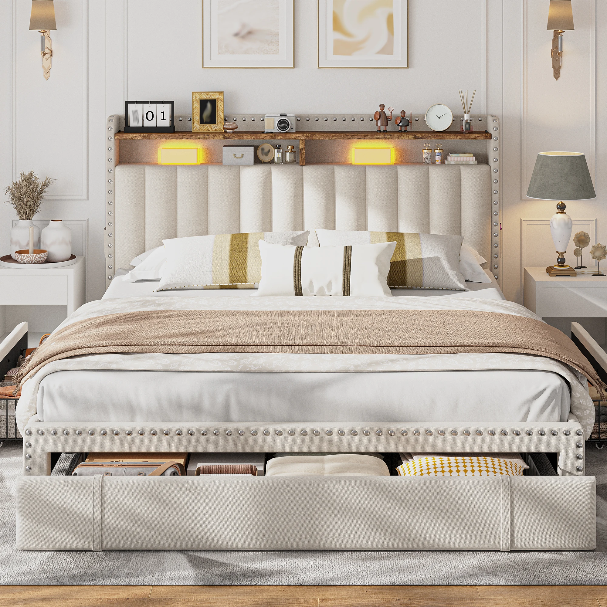 EnHomee Full/Queen/King Bed Frame with 3 Drawers & 2-Tier Storage Headboard,Upholstered Platform Bed Frame, No-Noise