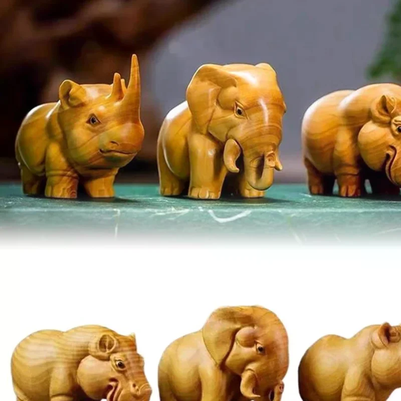 1 Uds. Talla Manual de madera, producto de madera, rinoceronte, hipopótamo, elefante, estatuilla, adornos para coche, estatua, escultura de escritorio, decoración del hogar para habitación