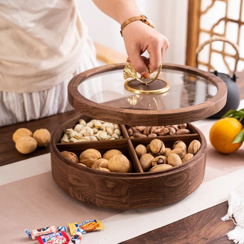 

Dried fruit storage box, desktop storage, black walnut wooden compartment, covered box, snack high-transparency box.