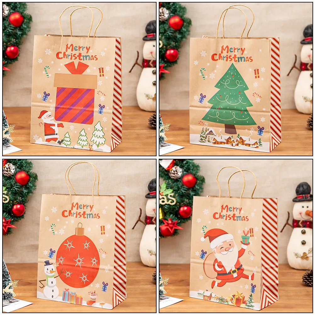 

4 Pcs Christmas Goodie Bag Candy Pouch Gift Tote Bags Xmas Kraft Paper Goody for Handbag