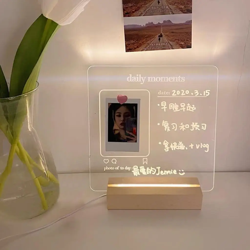 Small Acrylic Desk Board with LED Illumination Erasable Memo Tablet for Notes and Picture Display
