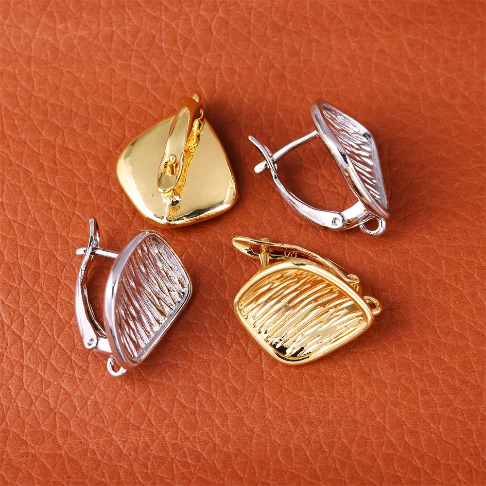 18K Gold Plated Diagonal Linear Textured Rhombus Huggie Earring Findings,Ear Wire Fixture Fastener Bale DIY Earring Hooks Clasp