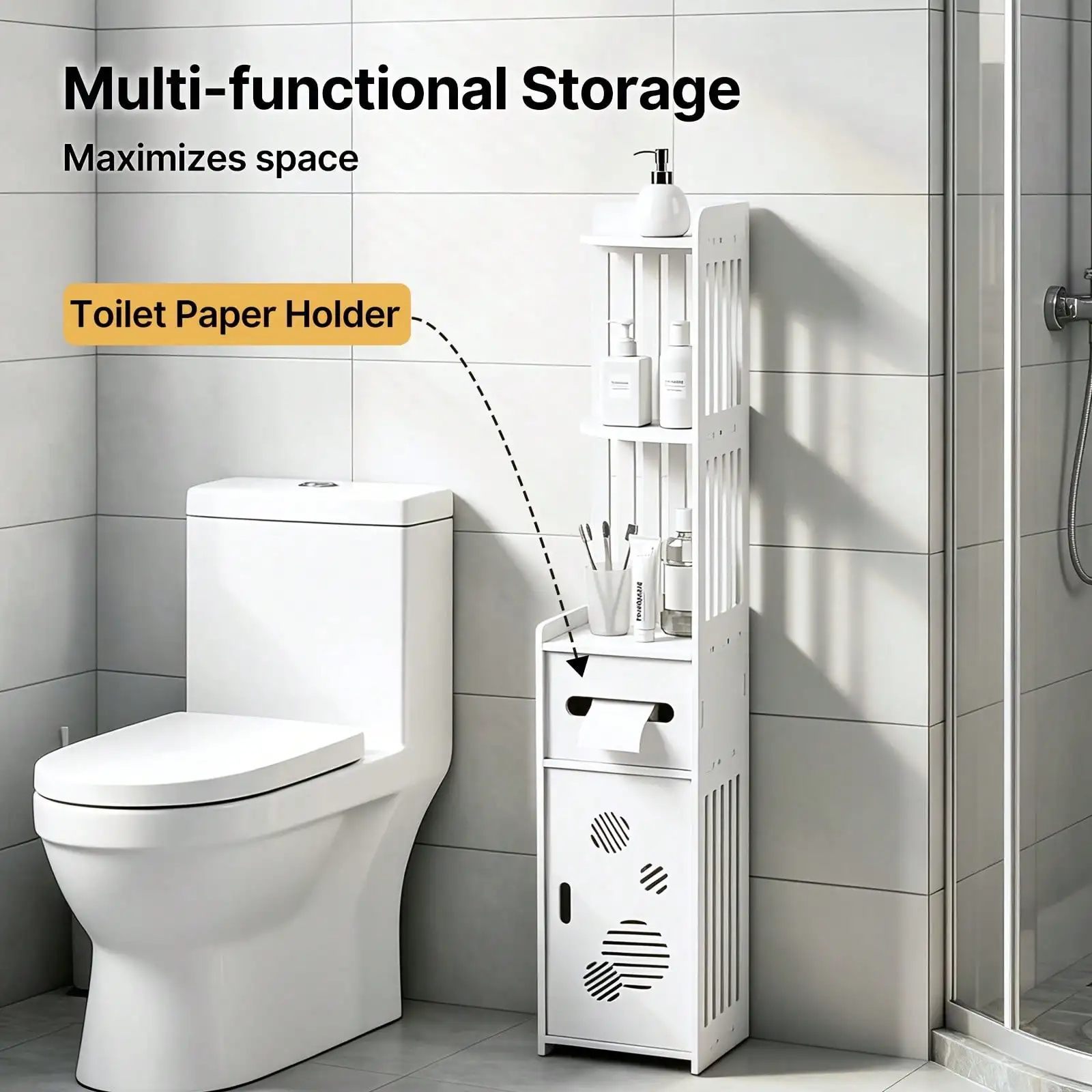 Slim Bathroom Storage Cabinet Narrow Corner Storage Rack, Ventilated White PVC Tall Cabinet With Built-In Toilet Paper Holder, Space Efficient Minimalist Furniture For Home & Commercial Use, Minimalist Narrow Space Organizer Rack