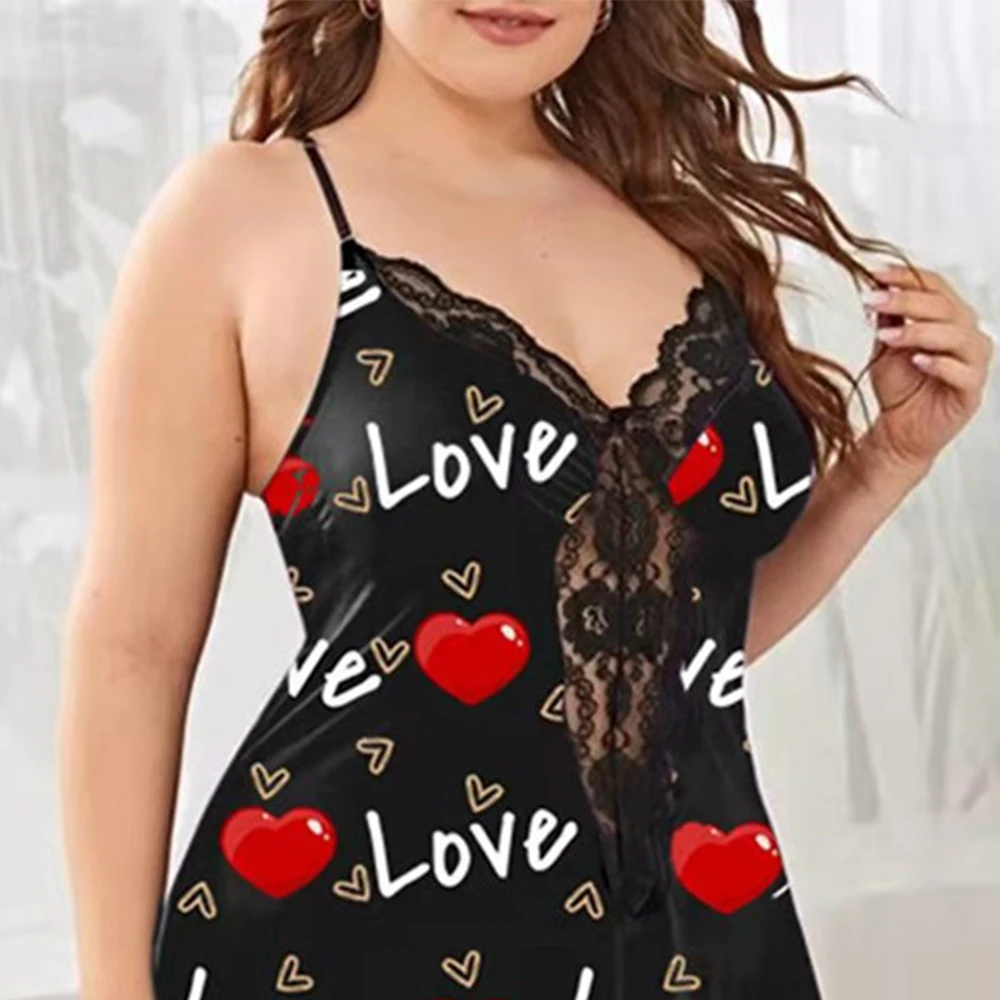 Plus Size XL-5XL Sexy Women\'s Slip Dress Summer Nightwear Sexy Imitation Silk Printed Suspender Lace Sexy Pajama Dress Nightgown