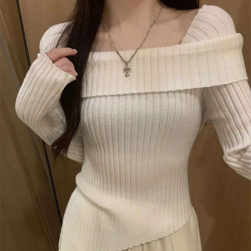 

Off Shoulder Sweater Long Sleeve Ribbed Knit Sweater Fitted Pullovers Women Off-the-Shoulder Jumper Autumn Winter Outfit