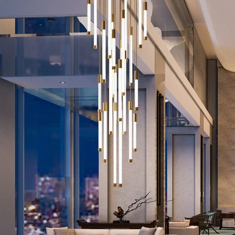 

GHEUVNJ modern chandelier for staircase luxury dimmable led strip light living room lobby gold hang lamp long hallway li