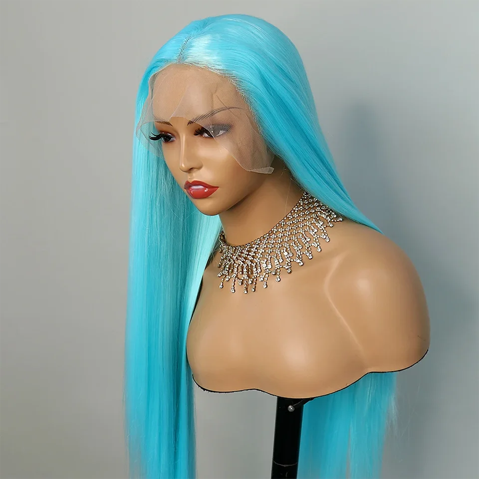 T Part Lace Front Wig Sky Blue Synthetic Heat Resistant Fiber Tpart Wig Transparent Lace Front Deep Part Wig 24inches