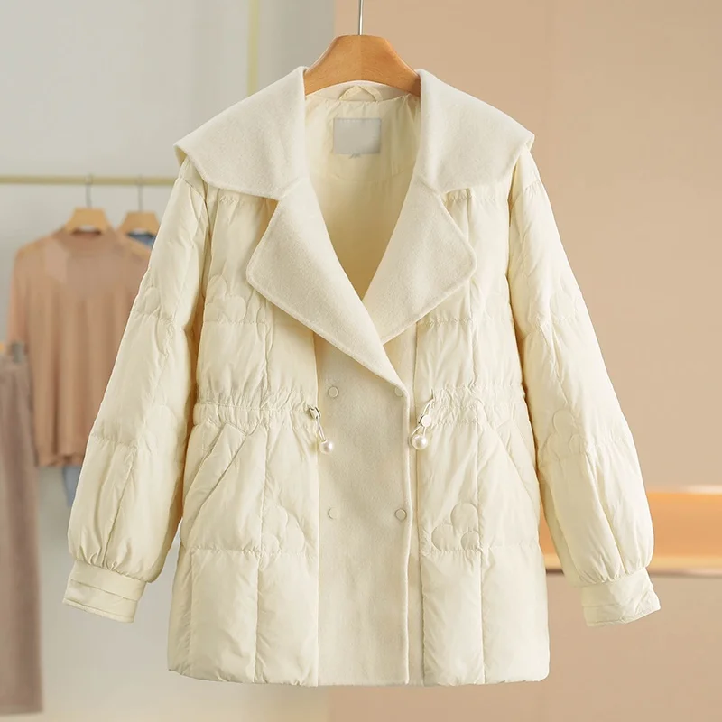 

Lightweight Padded Jacket Navy Collar Patchwork Warm Sweet Style Women's Winter Coat Brand Button Detail 25-29 Years Old