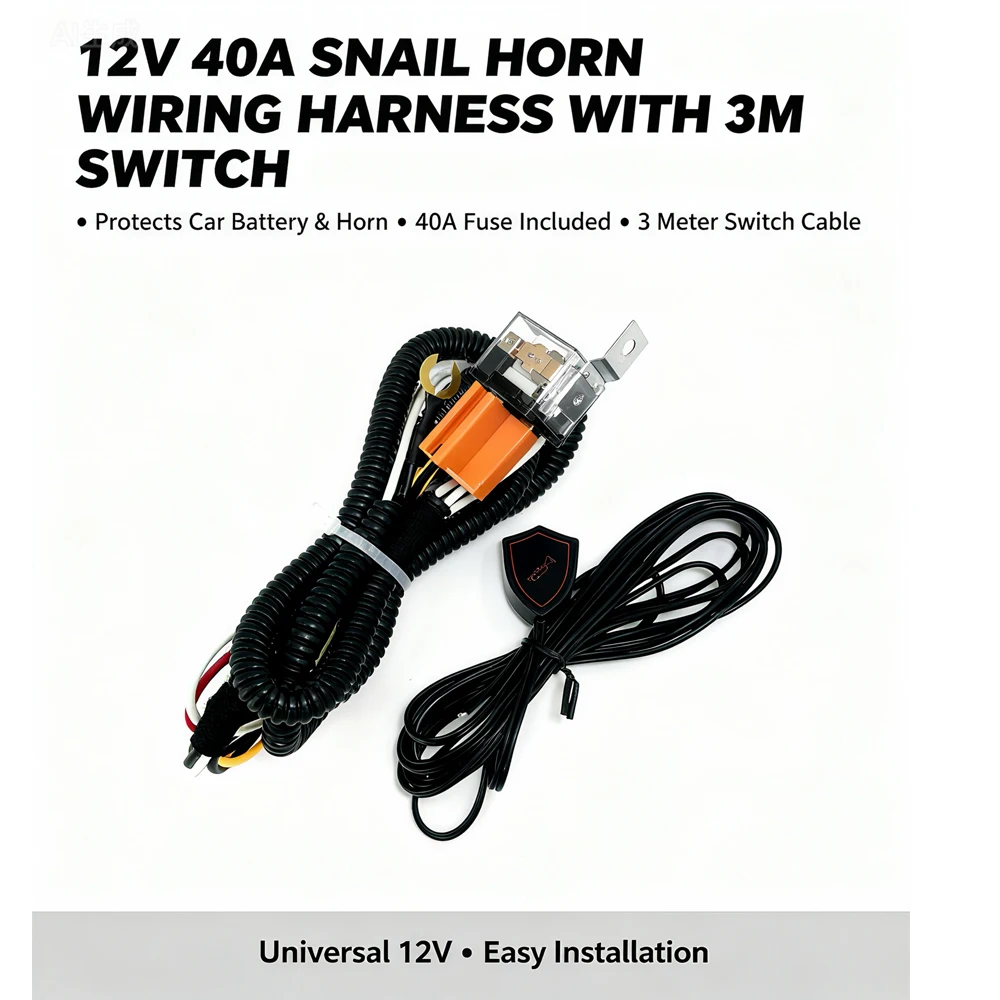 

Snail Horn Wiring Harness Kit 12V 40A Relay with 3m Waterproof Switch Universal for Car Truck Motorcycle Anti-Burn Plug and Play