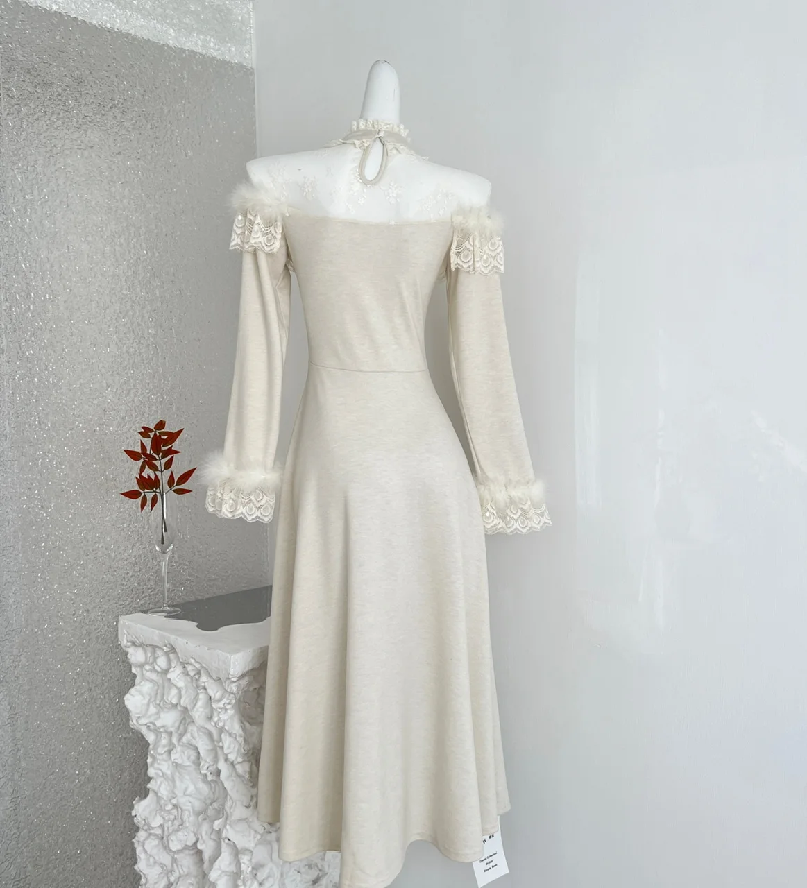 الخريف الفرنسية الصلبة فستان أنيق المرأة الوقوف طوق شير مقوس دانتيل الديكور أكتاف فستان الحفلات سليم صالح شيك ثوب مسائي #3