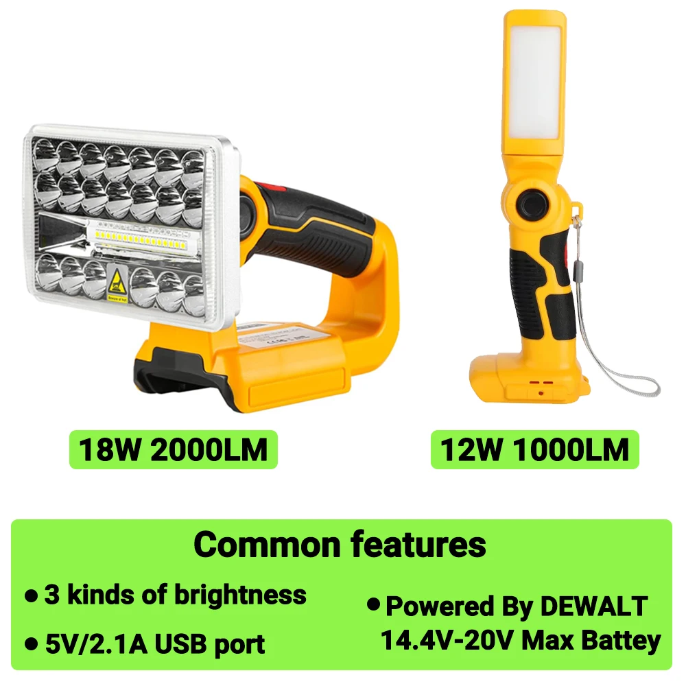 For Dewalt Lamp Work Light Flashlight Tool Light Spotlight Light For DEWALT 18W/12W 14.4V-20V Li-ion battery DCB200 DCB201