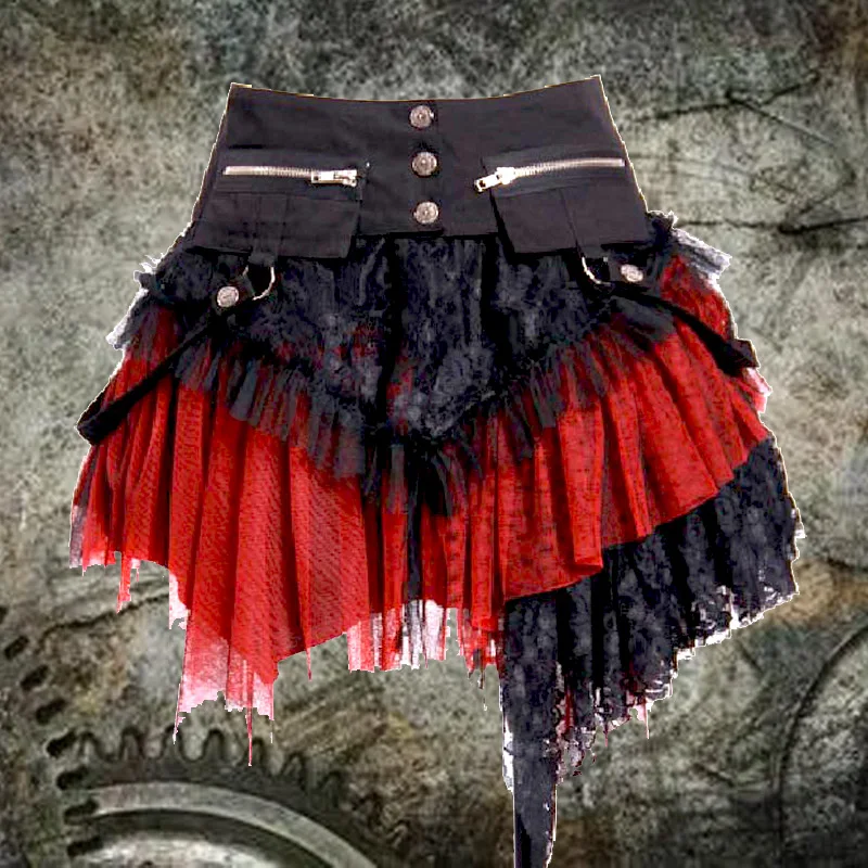 2025 Y2K Japanese pleated skirt Lolita Punk Gothic Asymmetrical Mesh lace patchwork mini short skirt for Womens Puffy