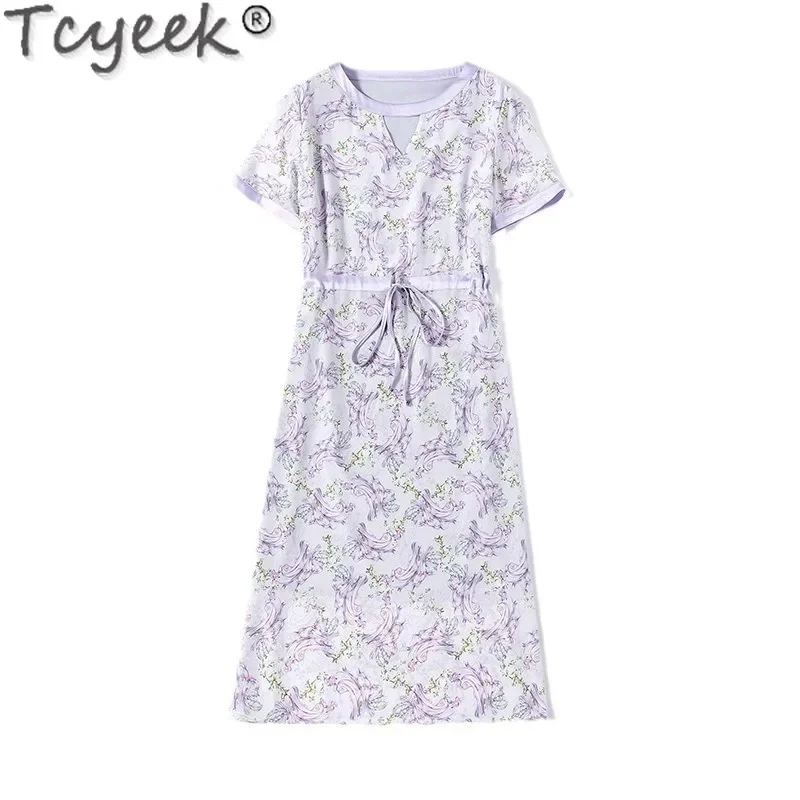 100% Tcyeek Maul beers eide Midi Sommer Damen elegante es für Frauen Schnür druck Kleid Vestidos