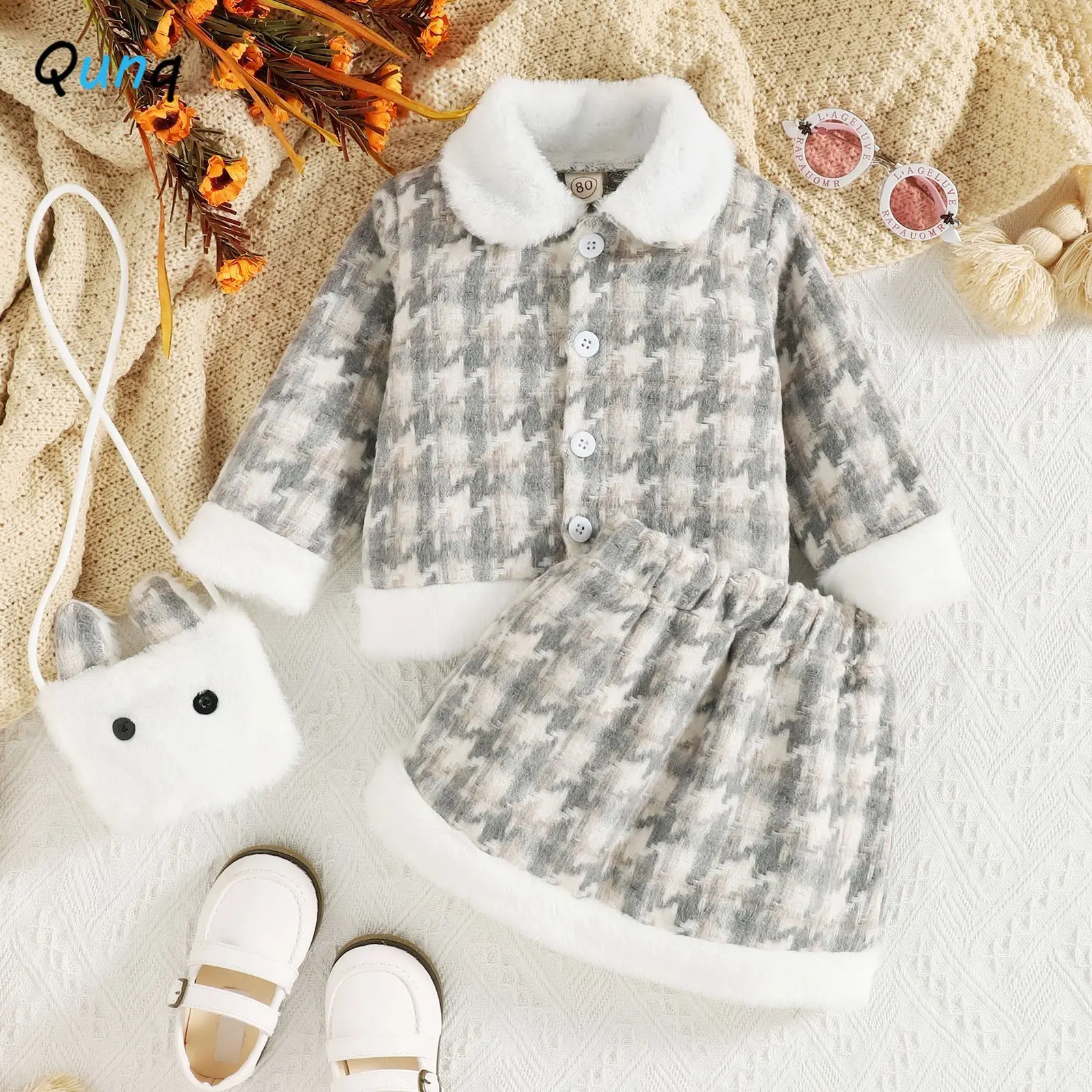 

Qunq 2023 Autumn Winter New Girls Lapel Plaid Patchwork Single-breasted Coat + Skirt 2 Pieces Set Casual Kids Clothes Age 3T-8T