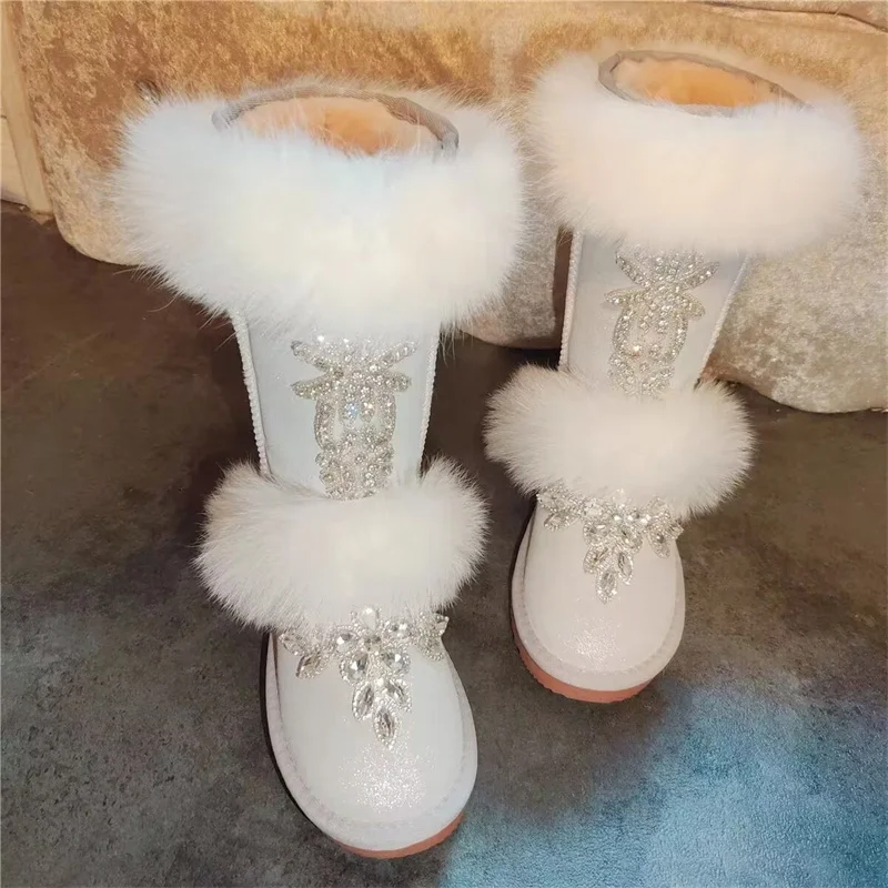 White sequin fox hair boots Winter plus fleece warm boots Rhinediamond hand custom fur one-piece boots women's plus size 35-44