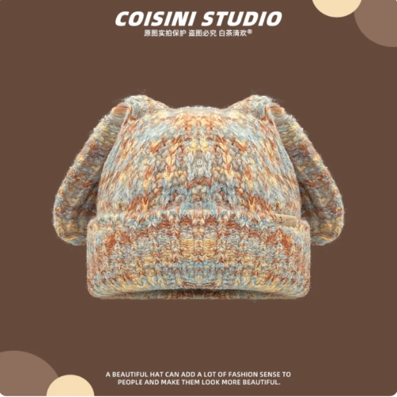 لطيف أرنب الأذن مختلط اللون قبعة صغيرة محبوكة قبعات للرجال والنساء في الخريف والشتاء في الهواء الطلق الدافئة كبيرة الرأس تزلج الجمجمة قبعة #3