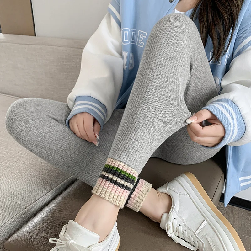Leggings de cintura alta com nervuras femininas, roupa exterior fina, calça casual, cores contrastantes, comprimento do tornozelo, calças justas