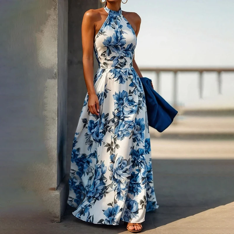 Vestido bohe elegante sin mangas con cuello Halter, vestido de vacaciones drapeado con estampado de moda de verano, vestido largo ajustado informal de cintura alta para mujer