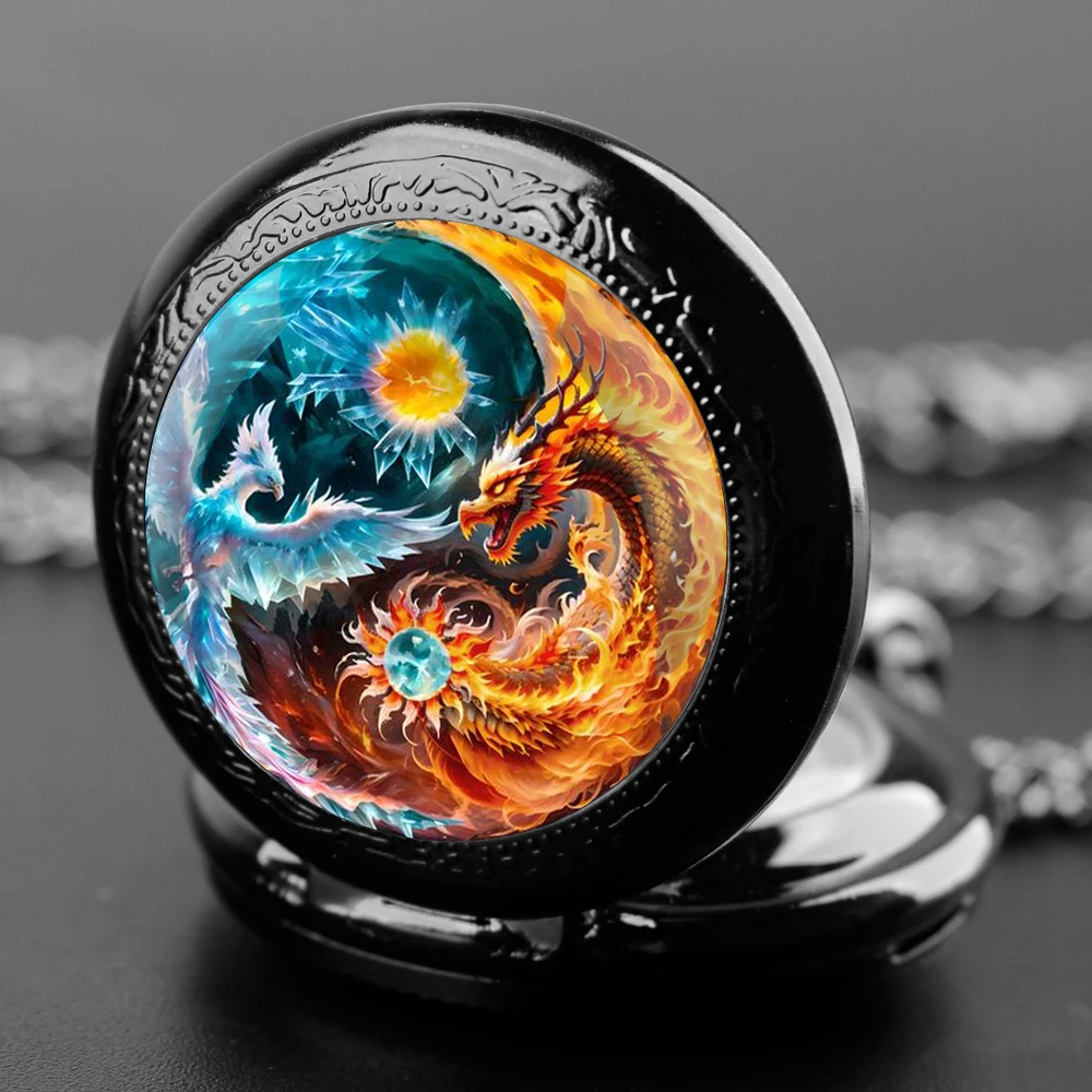 Phoenix Dragon Design Black Quartz Pocket Watch Gift Set with Durable Chain and Arabic Numeral Face Timeless Present for Boy