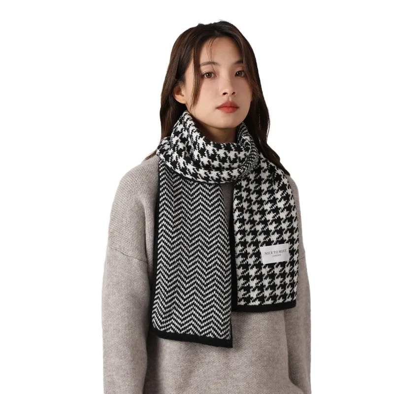 Panama Women\'s Autumn and Winter Checkered Knitted Wool Scarf Thickened Warm Neck Fashion Luxury Brand H129