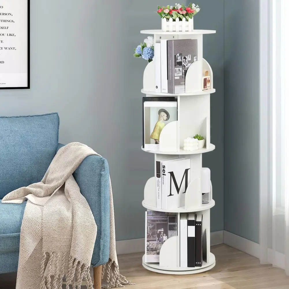 White Bookshelf, Small Corner Bookcase For Small Space, 360 Rotation Display 4 Tier Floor, Kids Room Book Storage Organizer