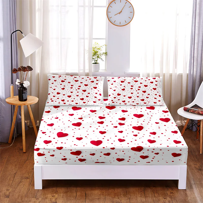 Bedding Set Red Love Fitted Sheet Set Bed Set Mattress Cover Four Corners Elastic Band Non Slip Bed Sheets 2 Pillowcases