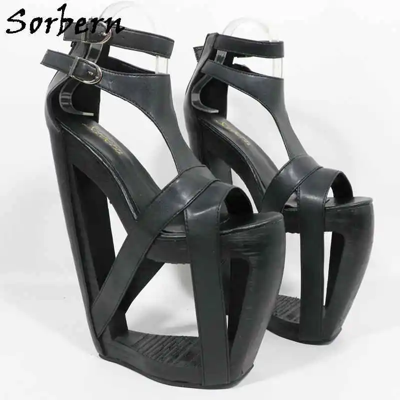 Sorbern 25cm Black Hollow Out Wedge Heel Sandals Ankle Strap T-strap Summer Shoes Fretwok Heels Sissy Boy Evening Party Footwear