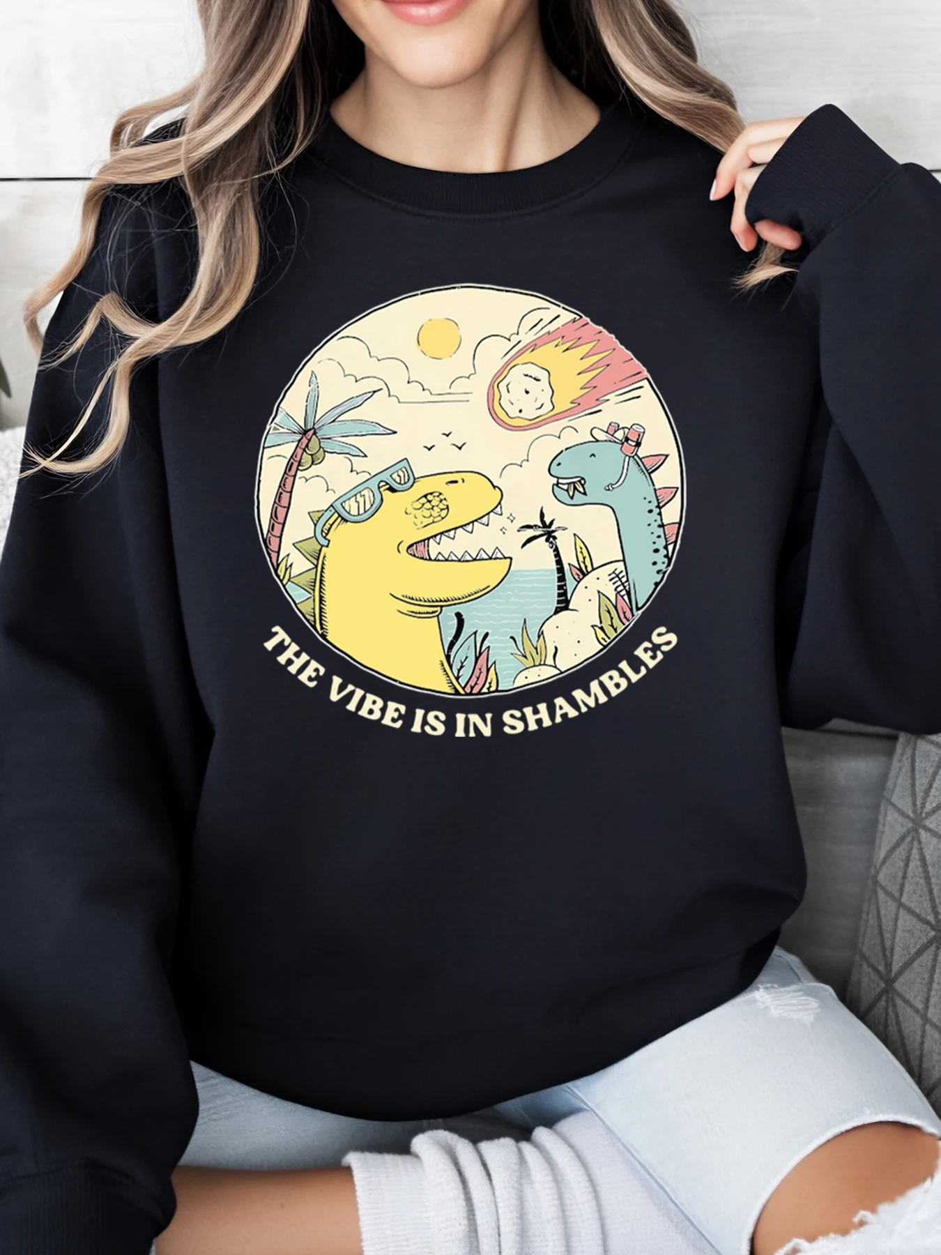 

Dinosaur Vibes in Shambles Print Sweatshirt Halloween Women Casual Wear Black Plus-Size