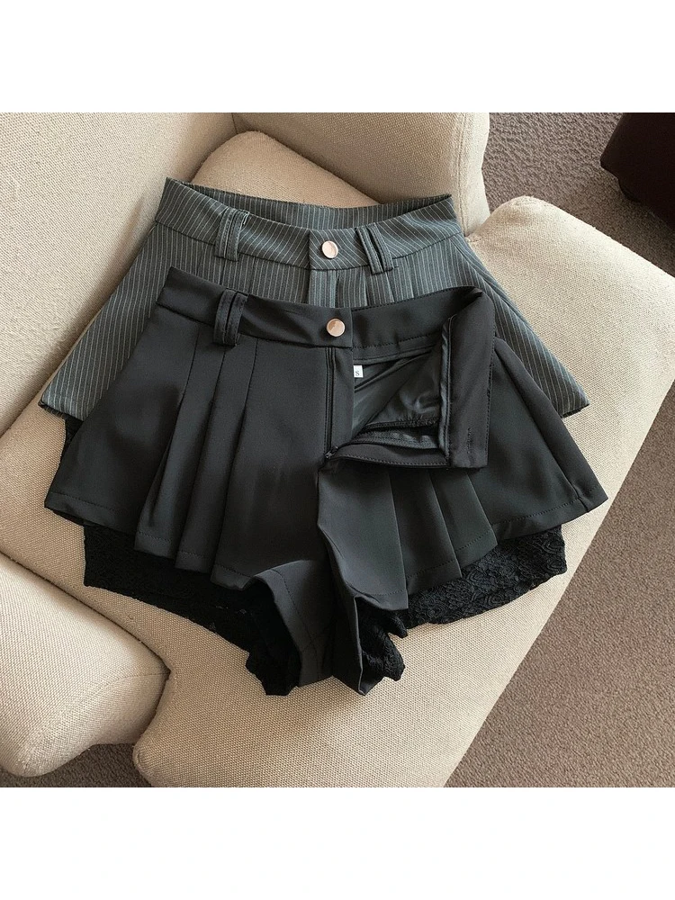 Summer Women Ballet Core Striped Lace Pleated Shorts Korean Fashion 2000s Aesthetic Gyaru Hot Pants Tide Old Money Mori Girl New