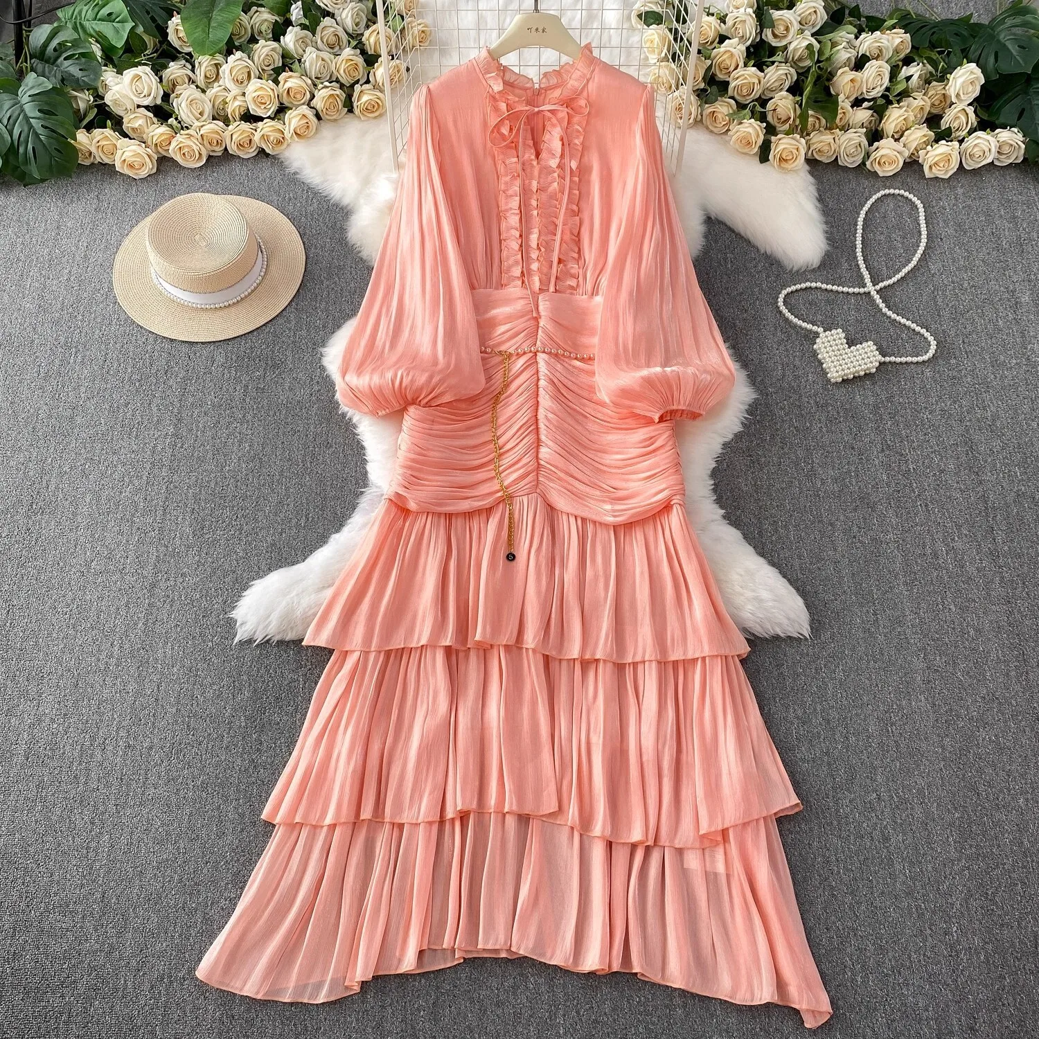 Elegant Autumn Ruffles Long Sleeve Maxi Mermaid Dress Women Hollow Out Casual Satin Fishtail Cake Dresses Prom Evening Vestidos