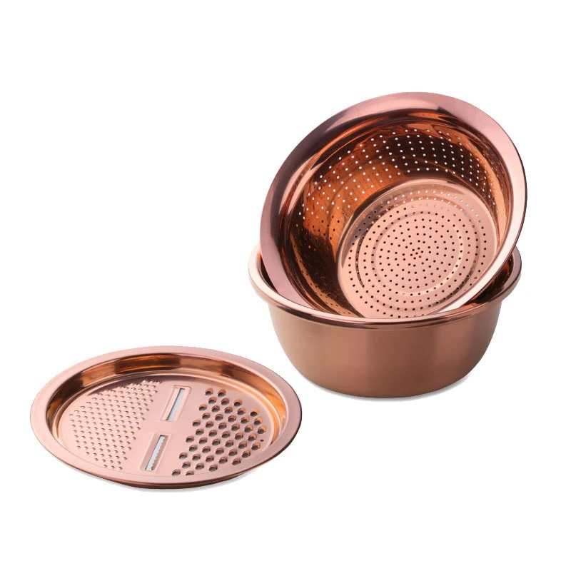 3 in 1 Kitchen Stainless Steel Drain Pot Food Chopper Vegetable Cutter Peeler Grater Kitchen Accessories-Rose Gold