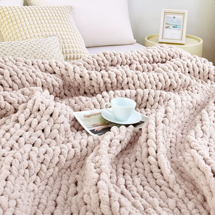 

Chunky Knit Blanket Throw 100 Hand Knit Chenille Throw Blanket for Sofa Home Decor Soft and Cozy Knitted Throw Blankets Pink51x