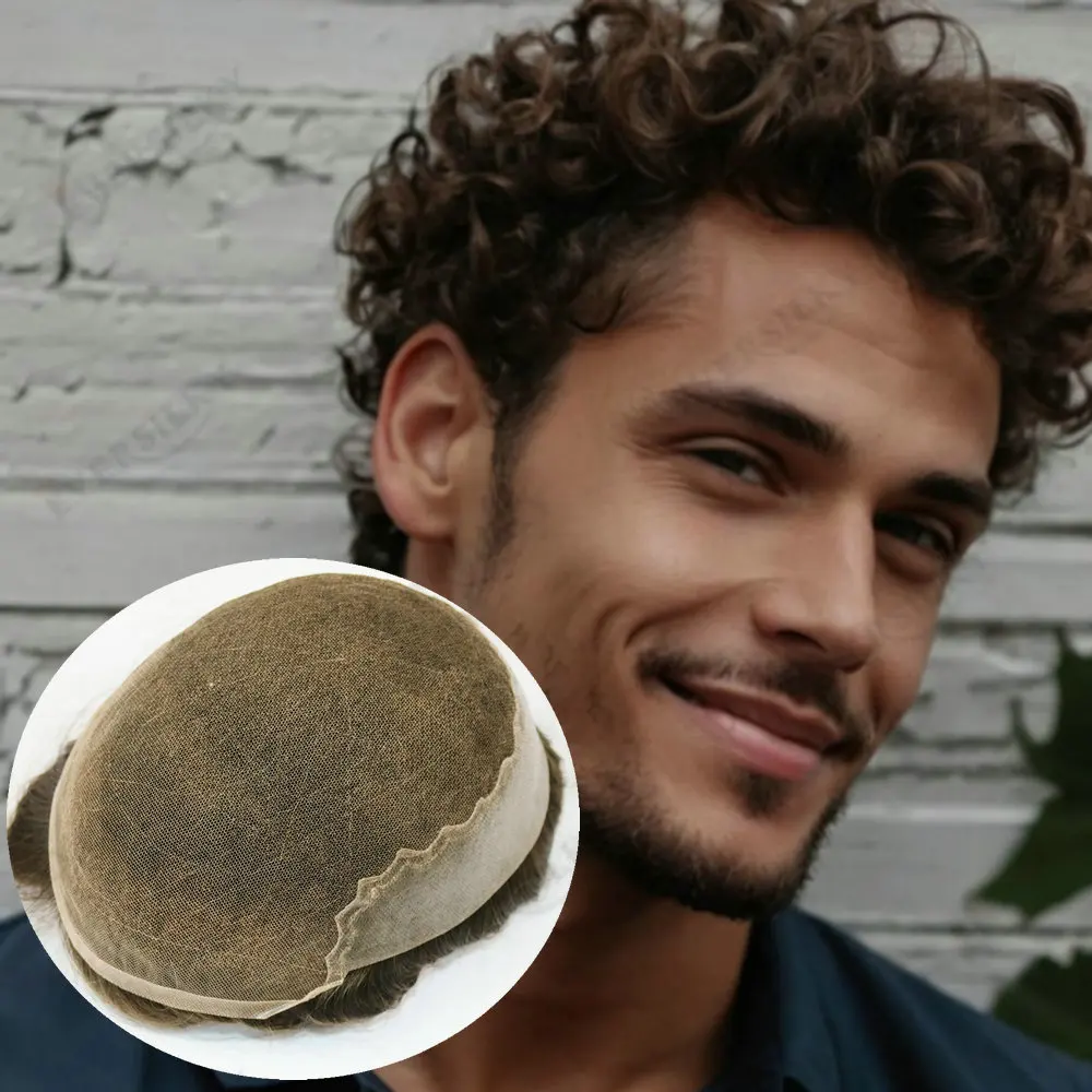 

20mm Curly Q6Lace Toupee Men European Human Hair Natural Hailrine Swiss Lace Front&PU Base Men Hair Replacement System Prothesis