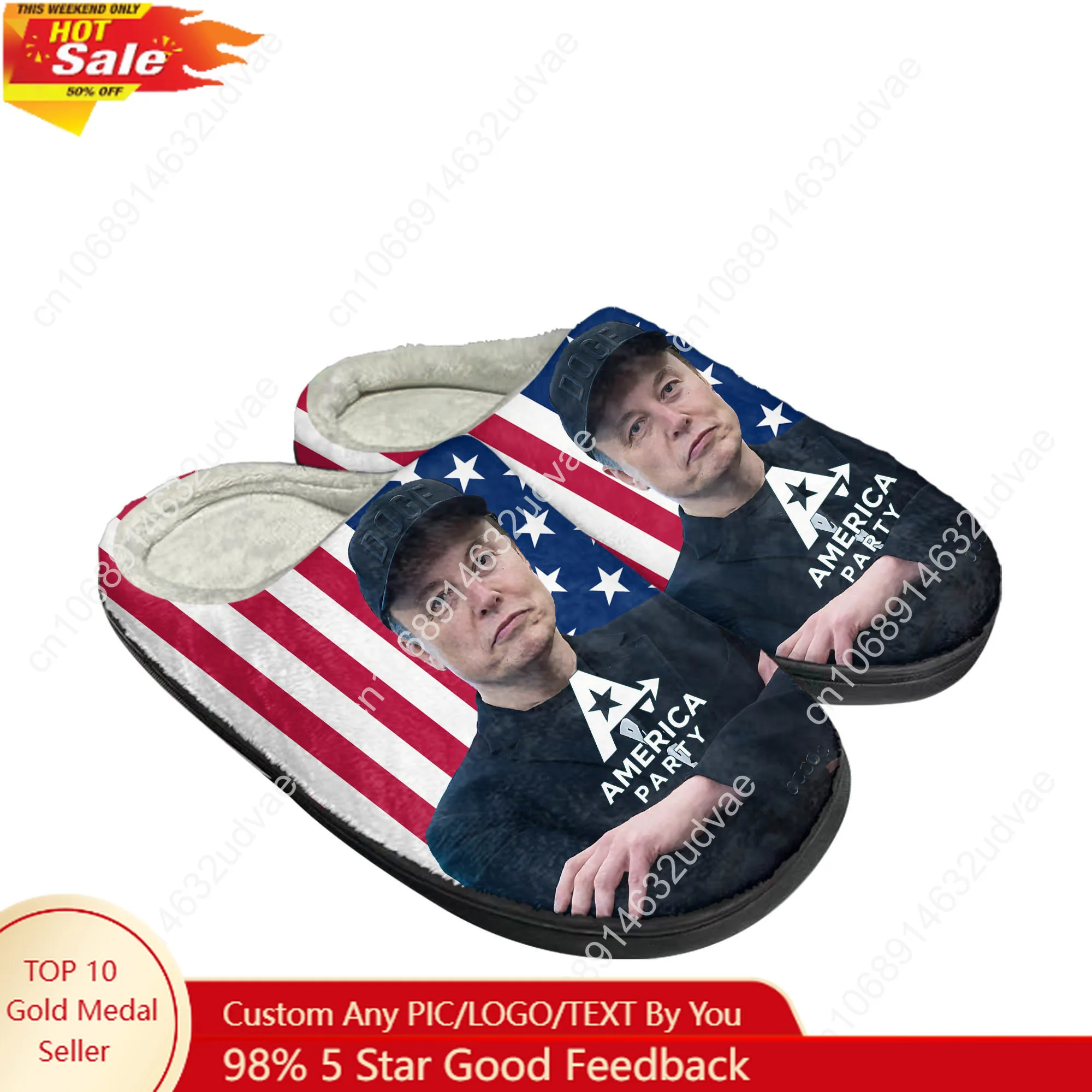 

America Party Cotton Slippers Mens Womens Elastic Keep Warm Shoes Elon Musk Home Plush Bedroom Footwear Custom Thermal Slipper